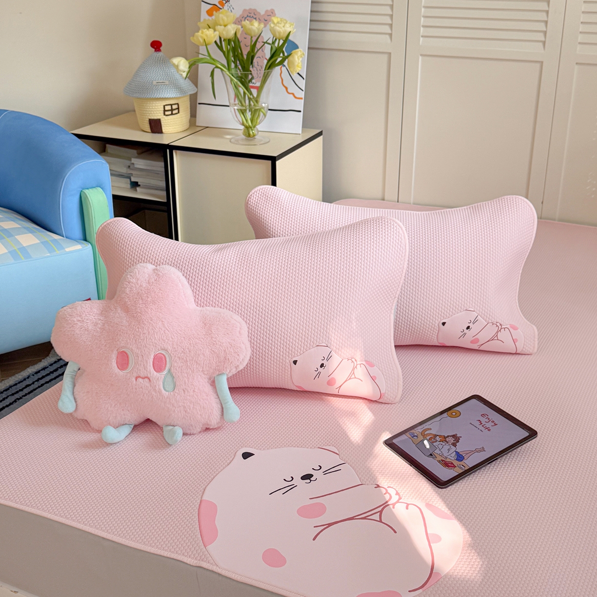 91家纺网 家纺一手货源 找家纺 GUJARY古家丽 2026新款即凉萌趣中分子床笠凉席三件套-风格二 软萌喵