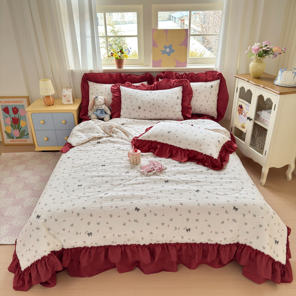 91家纺网 家纺一手货源 找家纺 禾沐 2026新款云感泡芙棉床盖夏被四件套AA款（夏被款） 灰蝴蝶结