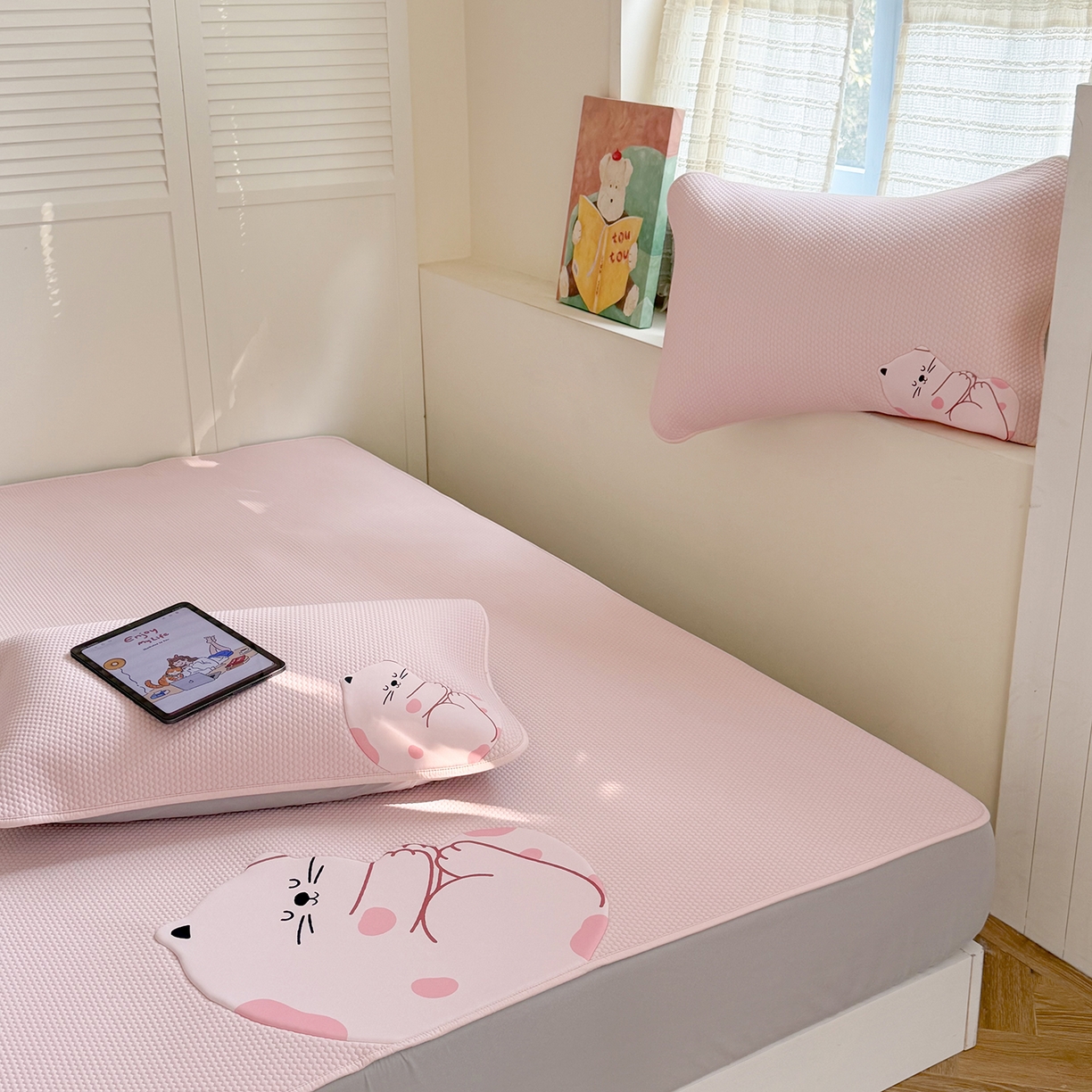 91家纺网 家纺一手货源 找家纺 GUJARY古家丽 2026新款即凉萌趣中分子床笠凉席三件套-风格二 软萌喵