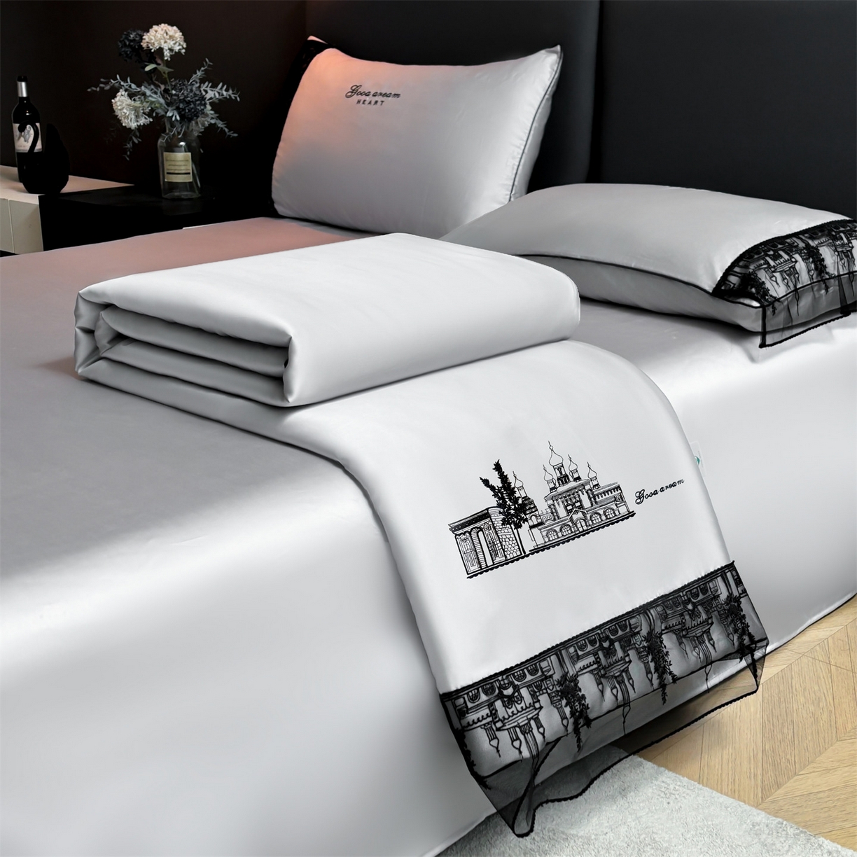 91家纺网 家纺一手货源 找家纺 梵蒂莎 2026新款黑纱城堡系列60s兰精天丝夏被四件套夏凉被空调被被子被芯床单枕套床笠（需要买家秀，加微信 黑纱城堡-浅灰