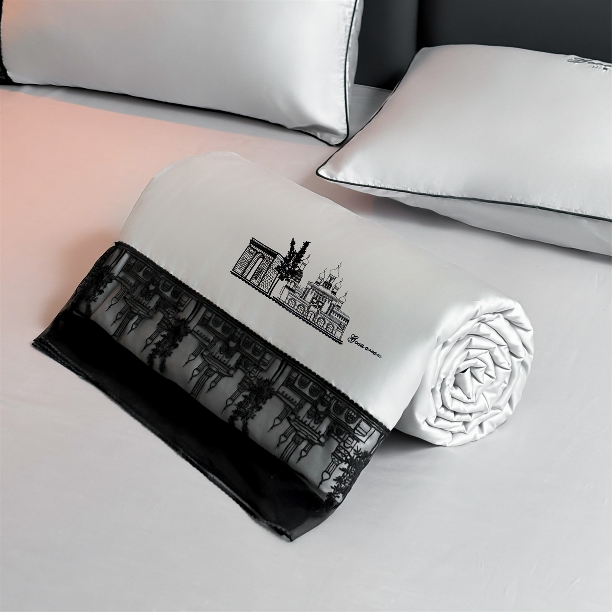 91家纺网 家纺一手货源 找家纺 梵蒂莎 2026新款黑纱城堡系列60s兰精天丝夏被四件套夏凉被空调被被子被芯床单枕套床笠（需要买家秀，加微信 黑纱城堡-浅灰