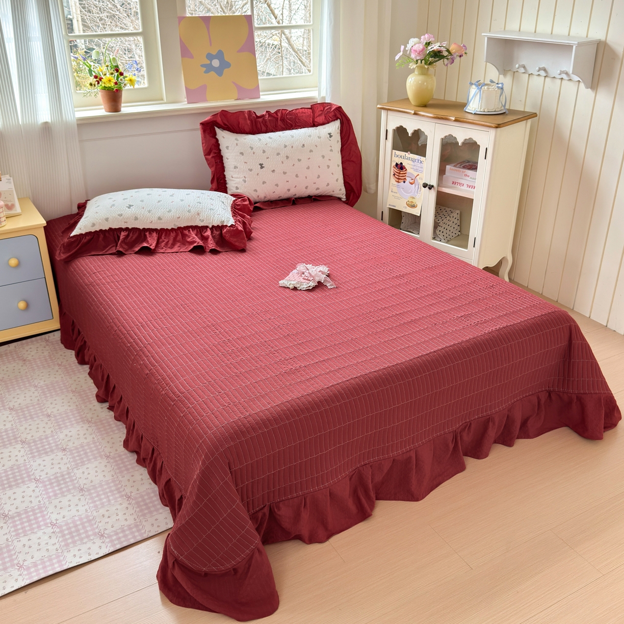 91家纺网 家纺一手货源 找家纺 禾沐 2026新款云感泡芙棉床盖夏被四件套AA款（夏被款） 灰蝴蝶结