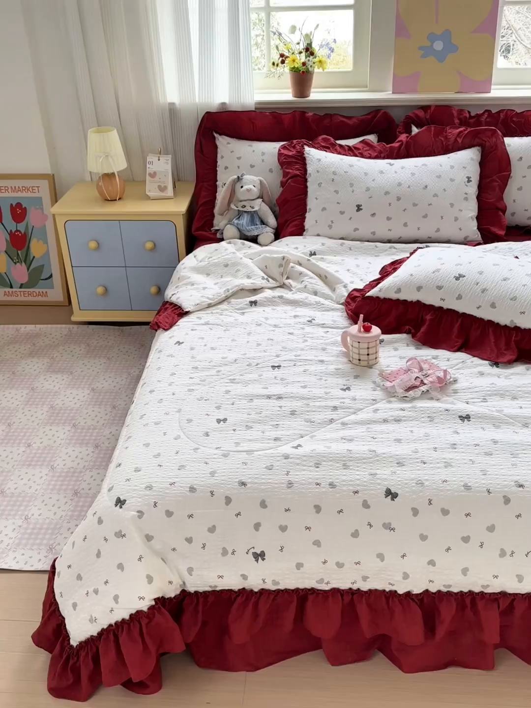 91家纺网 家纺一手货源 找家纺 禾沐 2026新款云感泡芙棉床盖夏被四件套AA款（夏被款） 灰蝴蝶结