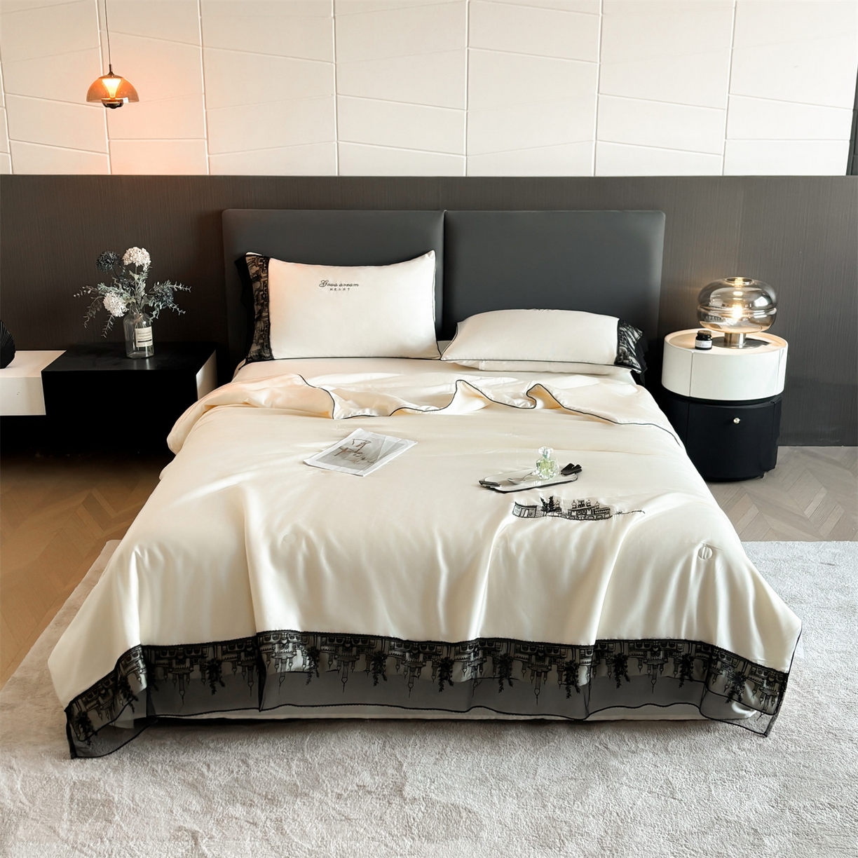 91家纺网 家纺一手货源 找家纺 梵蒂莎 2026新款黑纱城堡系列60s兰精天丝夏被四件套夏凉被空调被被子被芯床单枕套床笠（需要买家秀，加微信 黑纱城堡-元气奶白