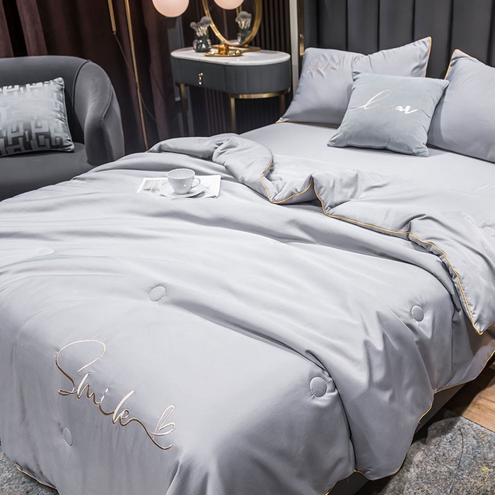 91家纺网 家纺一手货源 找家纺 蕾诺家纺 2026新款冰丝刺绣真丝轻奢简约夏被 被子被芯 潮流-浅灰