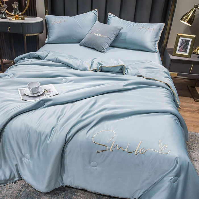 91家纺网 家纺一手货源 找家纺 蕾诺家纺 2026新款冰丝刺绣真丝轻奢简约夏被 被子被芯 潮流-繁星蓝