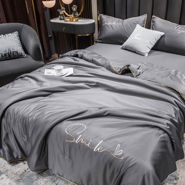 91家纺网 家纺一手货源 找家纺 蕾诺家纺 2026新款冰丝刺绣真丝轻奢简约夏被 被子被芯 潮流-高级灰