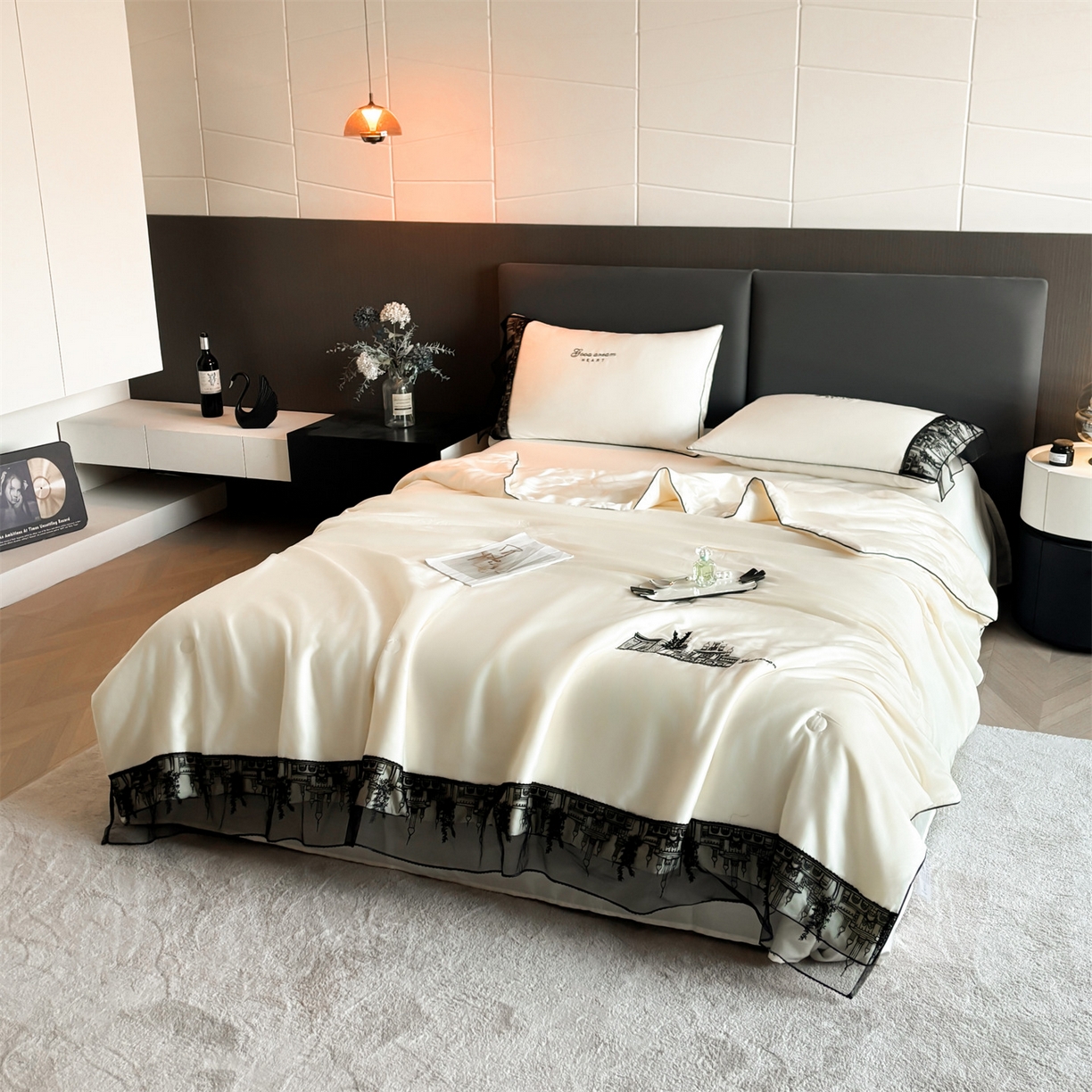 91家纺网 家纺一手货源 找家纺 梵蒂莎 2026新款黑纱城堡系列60s兰精天丝夏被四件套夏凉被空调被被子被芯床单枕套床笠（需要买家秀，加微信 黑纱城堡-元气奶白