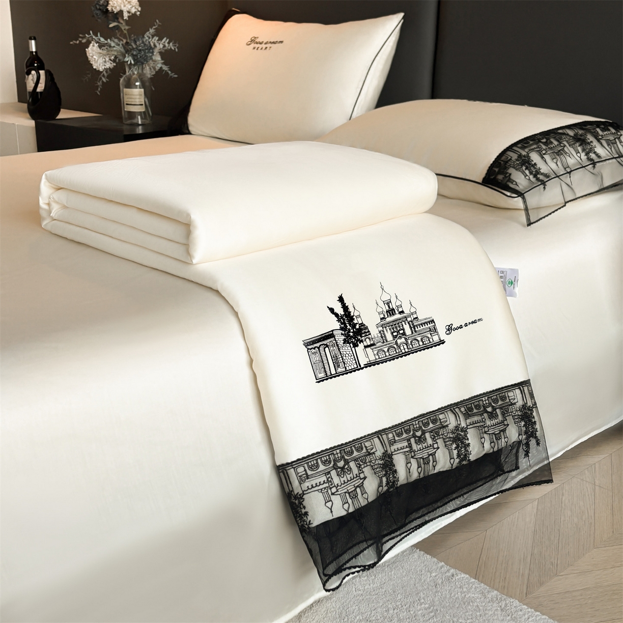 91家纺网 家纺一手货源 找家纺 梵蒂莎 2026新款黑纱城堡系列60s兰精天丝夏被四件套夏凉被空调被被子被芯床单枕套床笠（需要买家秀，加微信 黑纱城堡-元气奶白