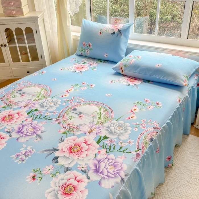 91家纺网 家纺一手货源 找家纺 莎臣豹 2026新款植物羊绒单品单件单床裙可配床裙三件套花房迷香蓝