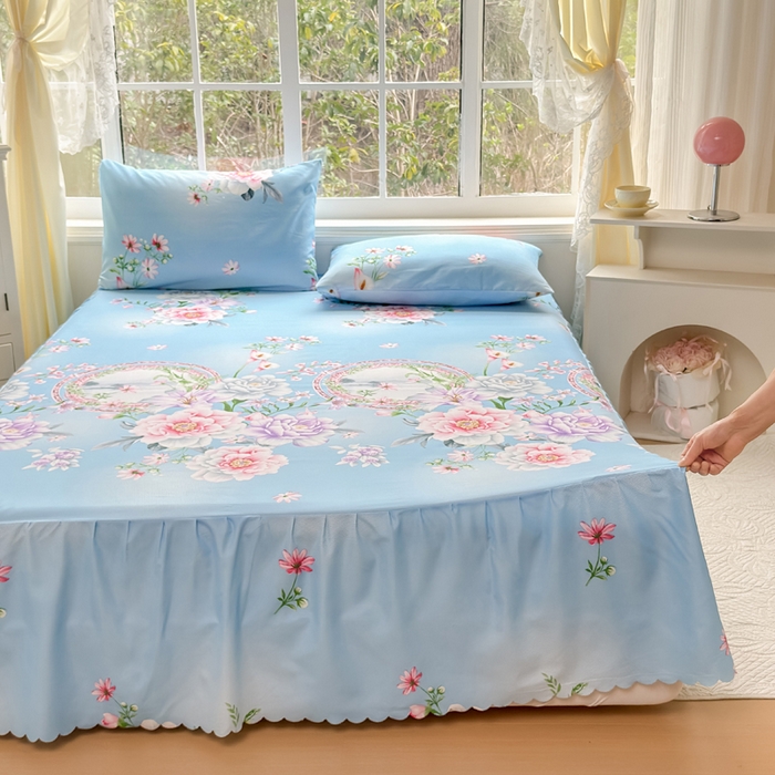 91家纺网 家纺一手货源 找家纺 莎臣豹 2026新款植物羊绒单品单件单床裙可配床裙三件套花房迷香蓝