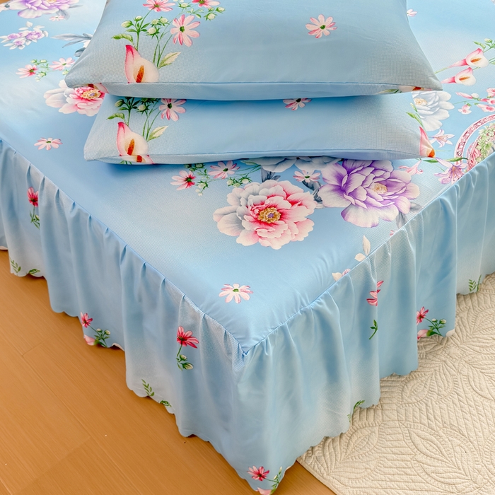 91家纺网 家纺一手货源 找家纺 莎臣豹 2026新款植物羊绒单品单件单床裙可配床裙三件套花房迷香蓝