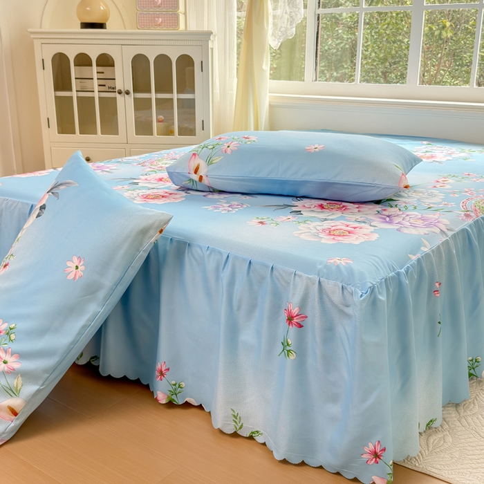 91家纺网 家纺一手货源 找家纺 莎臣豹 2026新款植物羊绒单品单件单床裙可配床裙三件套花房迷香蓝