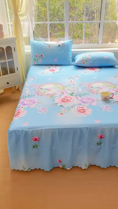 91家纺网 家纺一手货源 找家纺 莎臣豹 2026新款植物羊绒单品单件单床裙可配床裙三件套花房迷香蓝