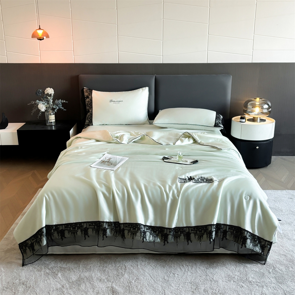 91家纺网 家纺一手货源 找家纺 梵蒂莎 2026新款黑纱城堡系列60s兰精天丝夏被四件套夏凉被空调被被子被芯床单枕套床笠（需要买家秀，加微信 黑纱城堡-元气森林浅绿