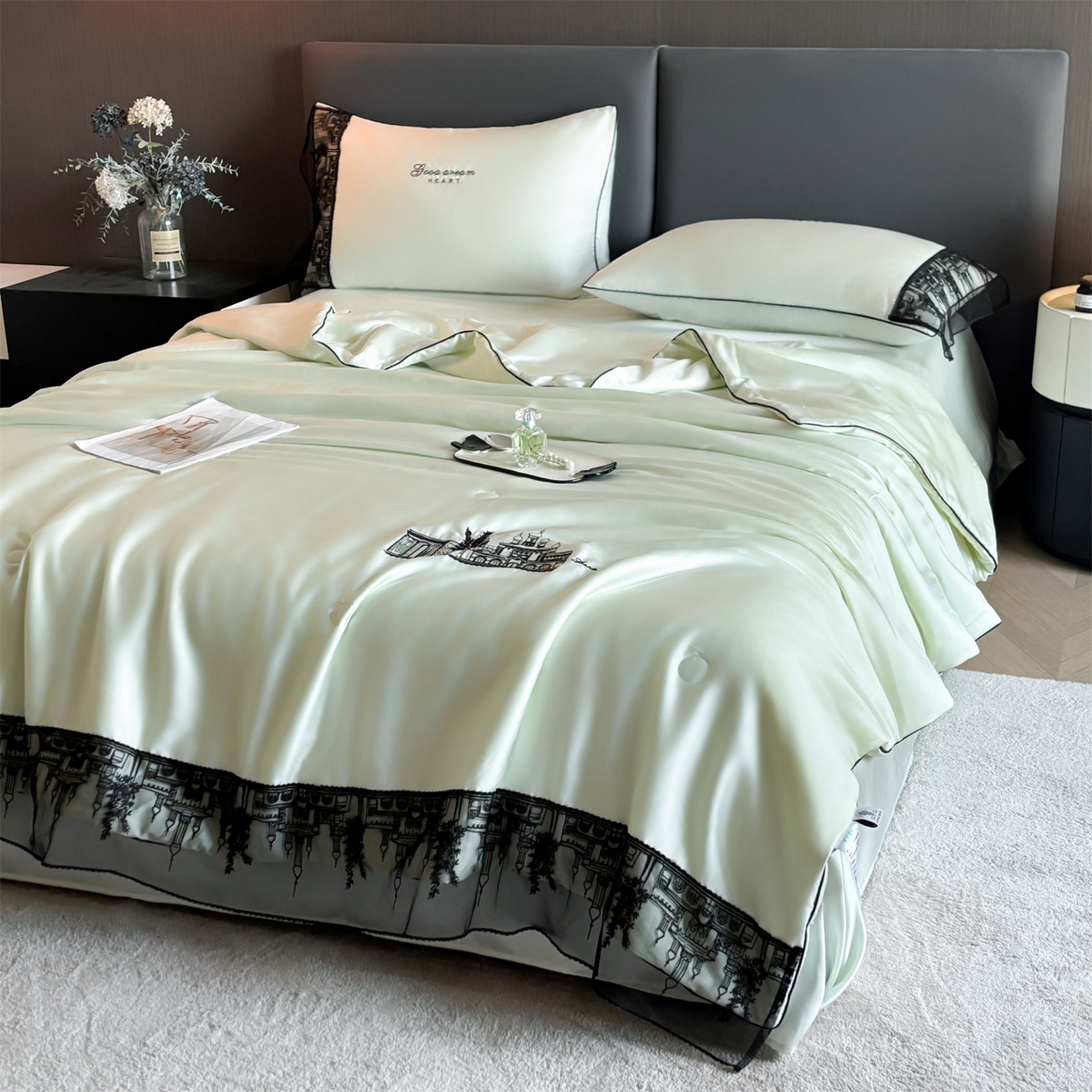 91家纺网 家纺一手货源 找家纺 梵蒂莎 2026新款黑纱城堡系列60s兰精天丝夏被四件套夏凉被空调被被子被芯床单枕套床笠（需要买家秀，加微信 黑纱城堡-元气森林浅绿