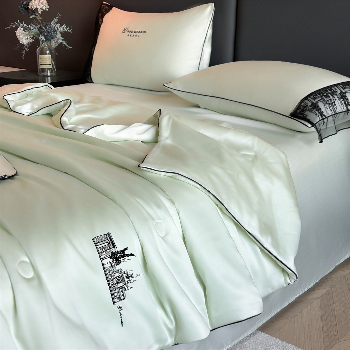 91家纺网 家纺一手货源 找家纺 梵蒂莎 2026新款黑纱城堡系列60s兰精天丝夏被四件套夏凉被空调被被子被芯床单枕套床笠（需要买家秀，加微信 黑纱城堡-元气森林浅绿