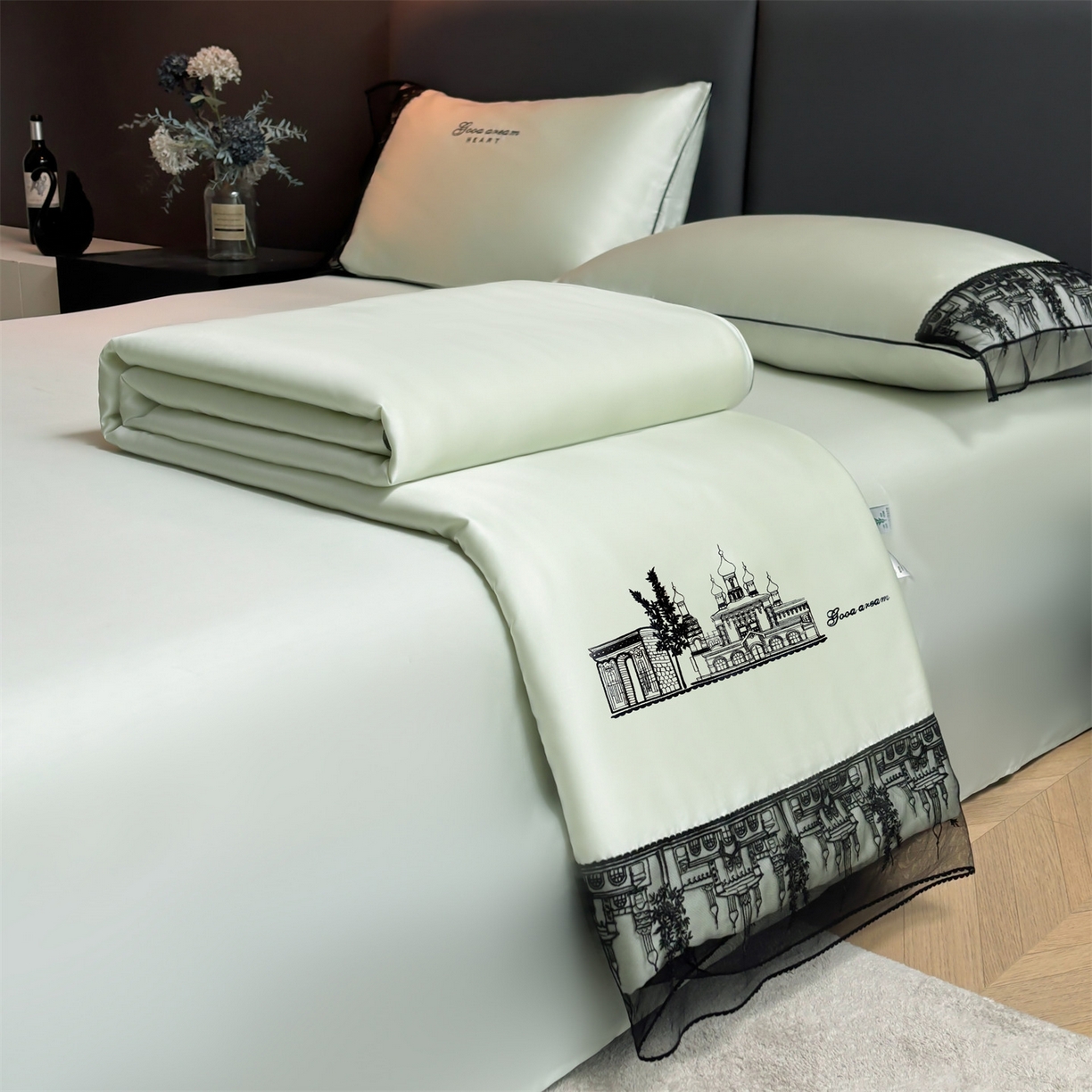 91家纺网 家纺一手货源 找家纺 梵蒂莎 2026新款黑纱城堡系列60s兰精天丝夏被四件套夏凉被空调被被子被芯床单枕套床笠（需要买家秀，加微信 黑纱城堡-元气森林浅绿