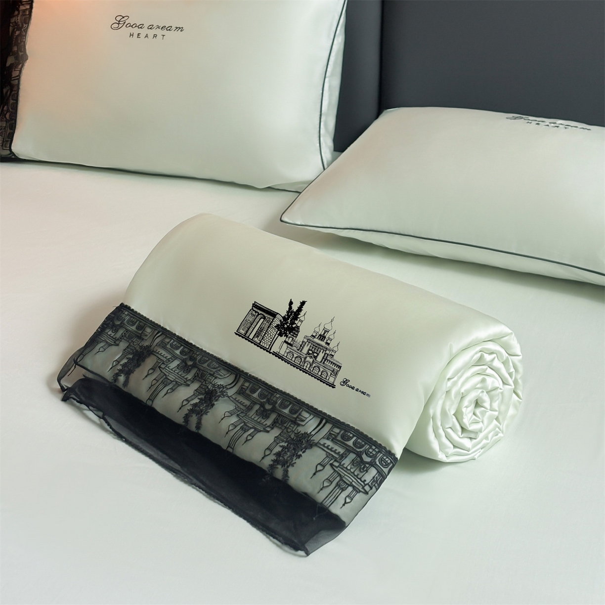 91家纺网 家纺一手货源 找家纺 梵蒂莎 2026新款黑纱城堡系列60s兰精天丝夏被四件套夏凉被空调被被子被芯床单枕套床笠（需要买家秀，加微信 黑纱城堡-元气森林浅绿