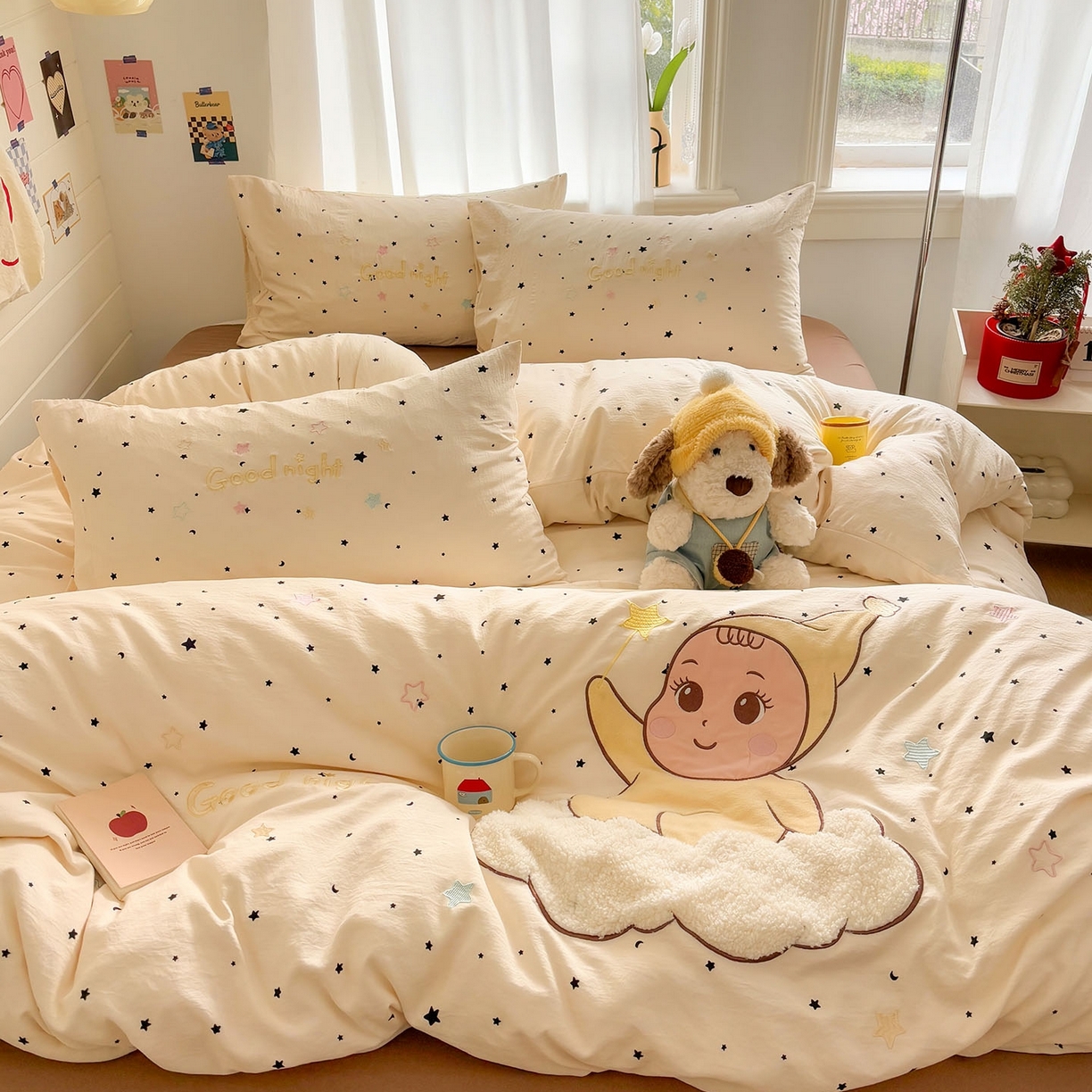 91家纺网 家纺一手货源 找家纺 2026新款卡通刺绣四件套水洗棉毛巾绣三件套学生宿舍被套床笠贴布绣