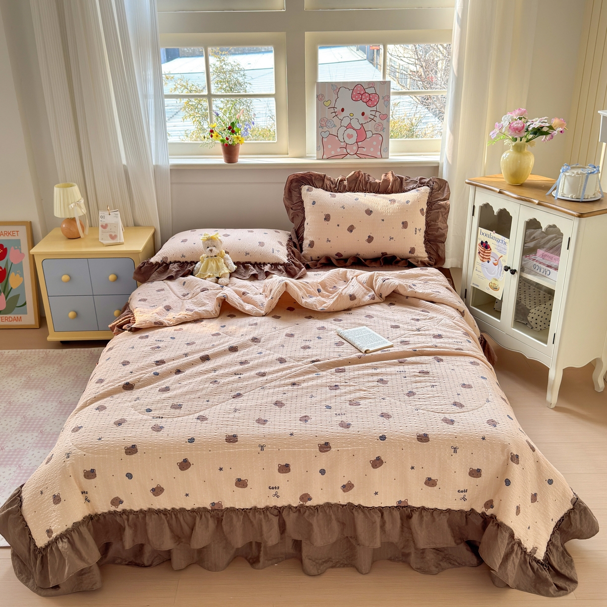 91家纺网 家纺一手货源 找家纺 禾沐 2026新款云感泡芙棉床盖夏被四件套AA款（夏被款） 曲奇猫