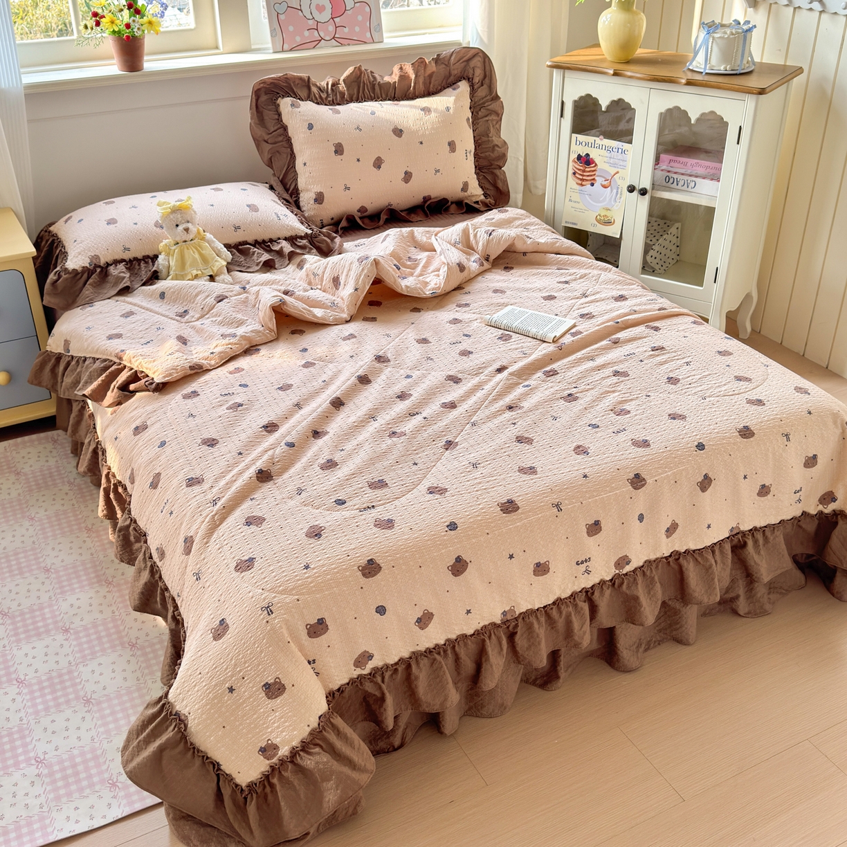 91家纺网 家纺一手货源 找家纺 禾沐 2026新款云感泡芙棉床盖夏被四件套AA款（夏被款） 曲奇猫