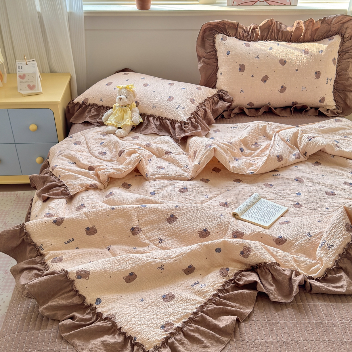 91家纺网 家纺一手货源 找家纺 禾沐 2026新款云感泡芙棉床盖夏被四件套AA款（夏被款） 曲奇猫