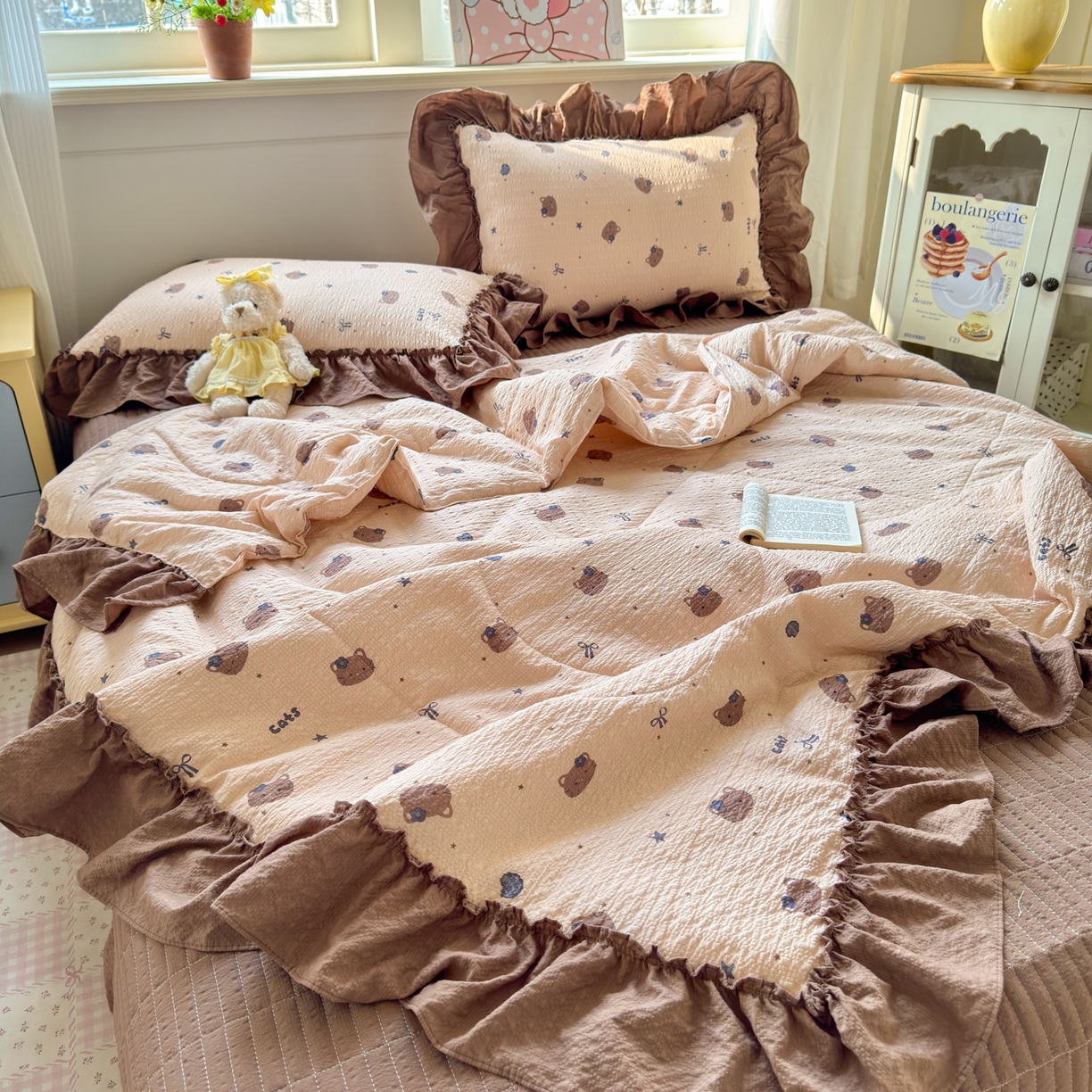 91家纺网 家纺一手货源 找家纺 禾沐 2026新款云感泡芙棉床盖夏被四件套AA款（夏被款） 曲奇猫