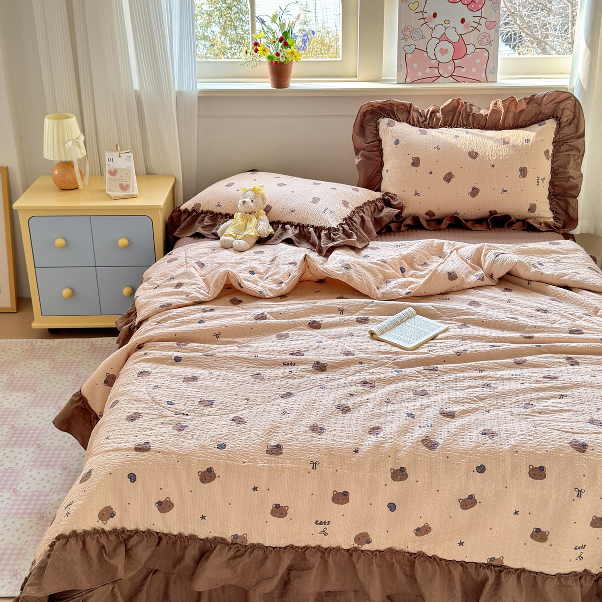 91家纺网 家纺一手货源 找家纺 禾沐 2026新款云感泡芙棉床盖夏被四件套AA款（夏被款） 曲奇猫