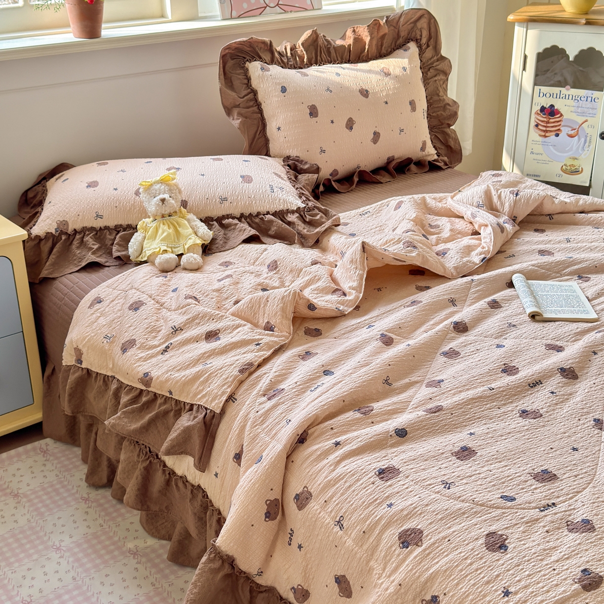 91家纺网 家纺一手货源 找家纺 禾沐 2026新款云感泡芙棉床盖夏被四件套AA款（夏被款） 曲奇猫