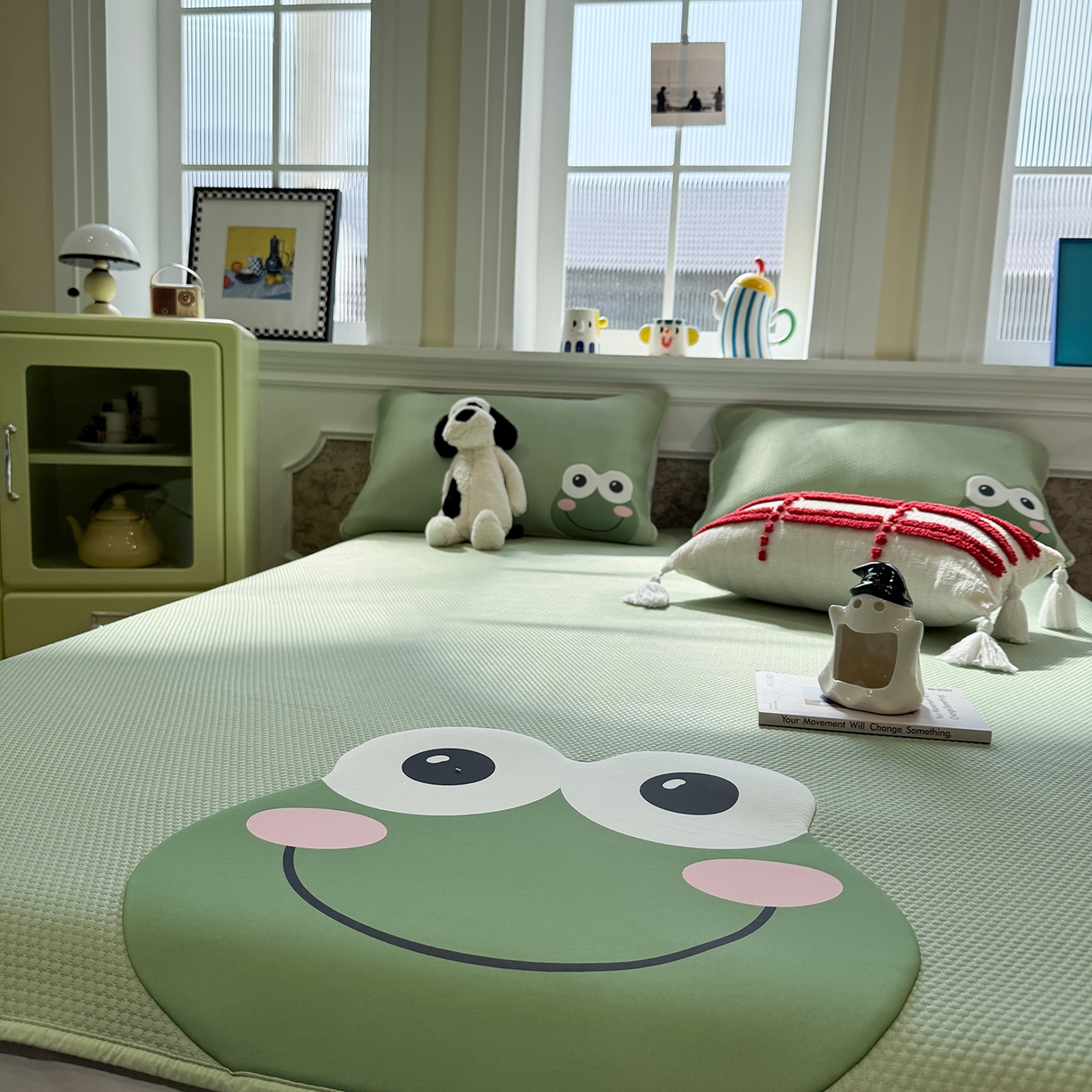 91家纺网 家纺一手货源 找家纺 GUJARY古家丽 2026新款即凉萌趣中分子床笠凉席三件套-风格一 青呱仔