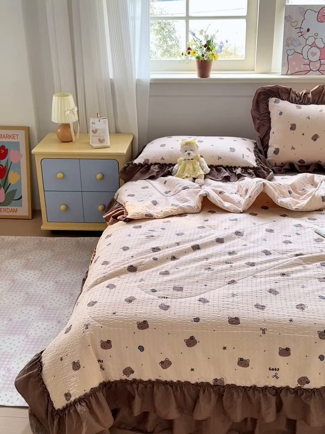 91家纺网 家纺一手货源 找家纺 禾沐 2026新款云感泡芙棉床盖夏被四件套AA款（夏被款） 曲奇猫