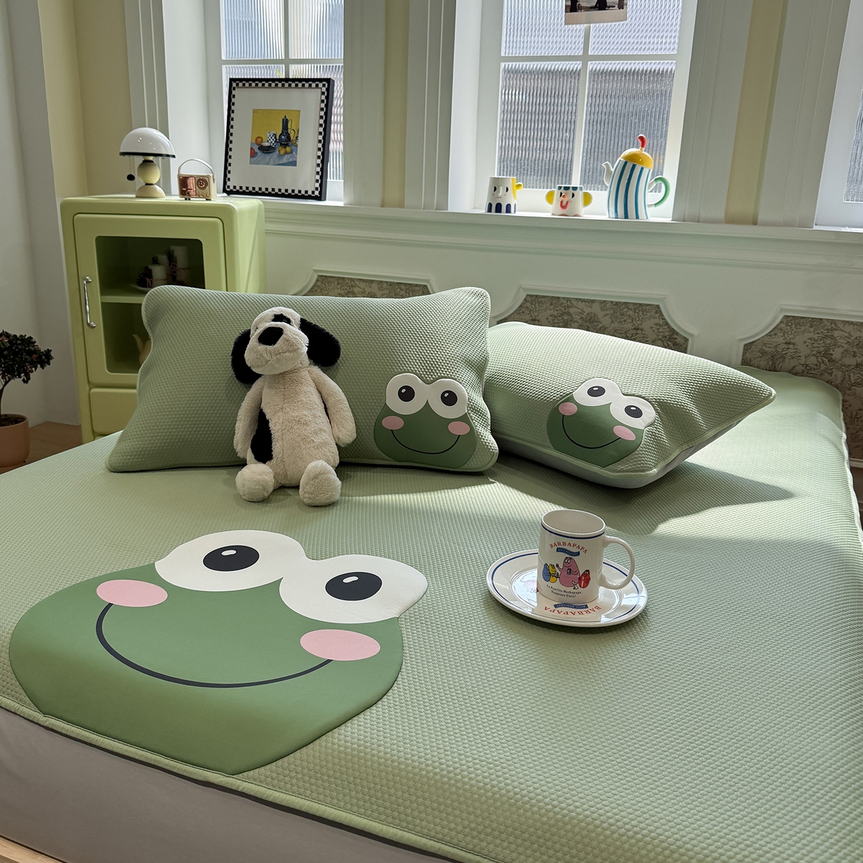 91家纺网 家纺一手货源 找家纺 GUJARY古家丽 2026新款即凉萌趣中分子床笠凉席三件套-风格一 青呱仔