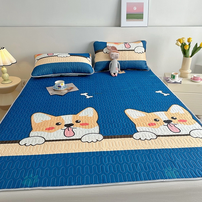 91家纺网 家纺一手货源 找家纺 佳鸿家纺 2026新款卡通乳胶凉席二件套三件套冰丝软席空调席跨境爆款 柯基