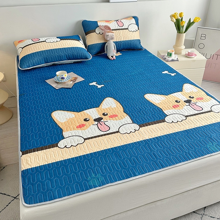 91家纺网 家纺一手货源 找家纺 佳鸿家纺 2026新款卡通乳胶凉席二件套三件套冰丝软席空调席跨境爆款 柯基