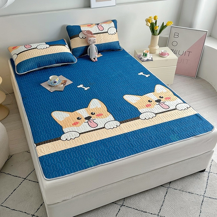 91家纺网 家纺一手货源 找家纺 佳鸿家纺 2026新款卡通乳胶凉席二件套三件套冰丝软席空调席跨境爆款 柯基