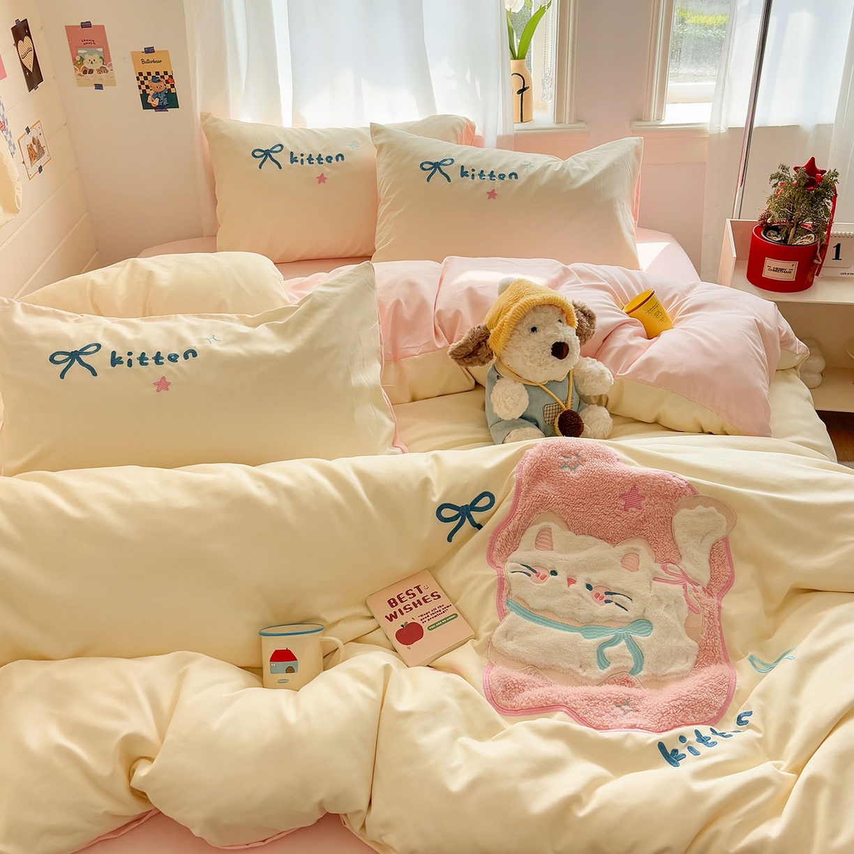 我心家纺 2026新款卡通刺绣四件套 露营小猫-米黄