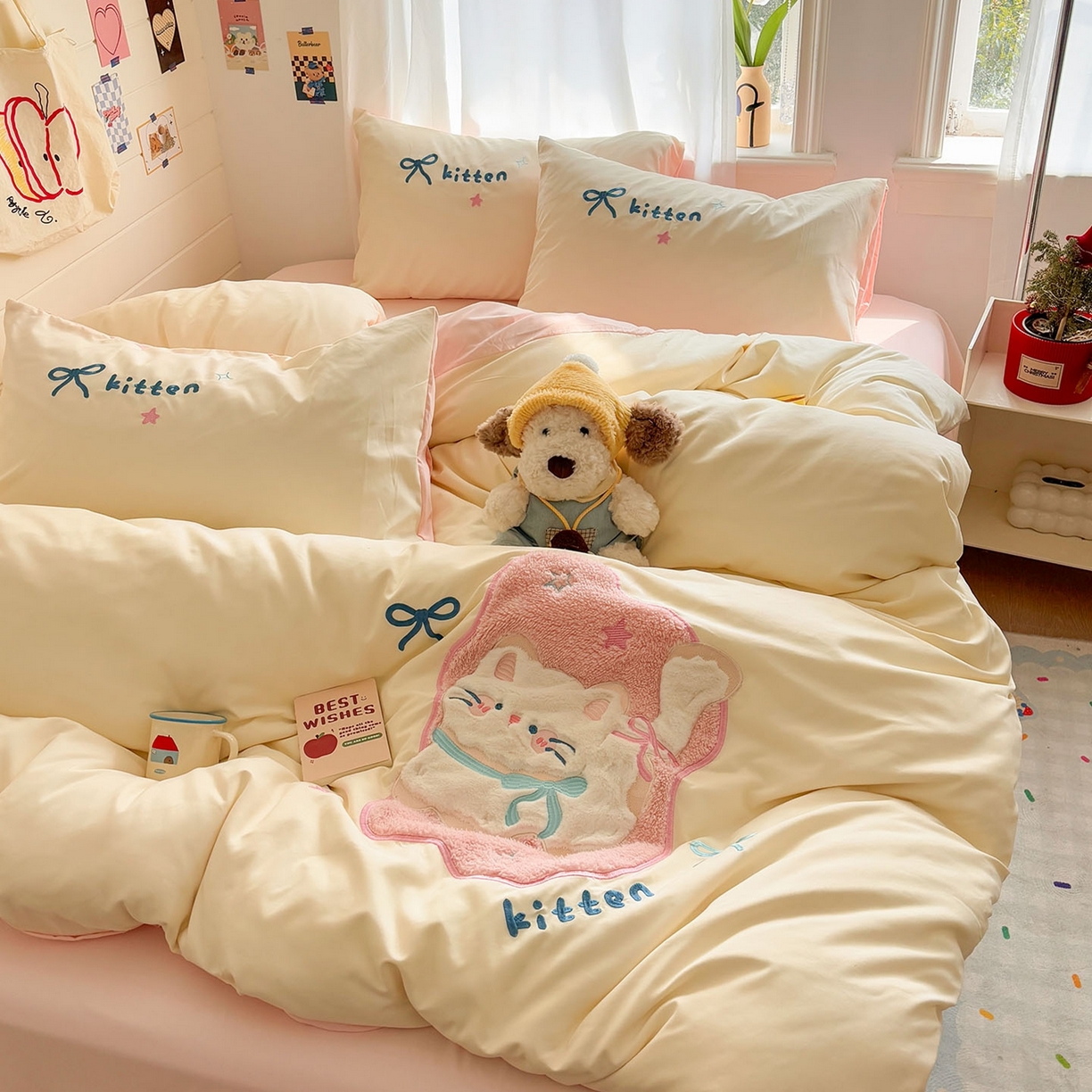 91家纺网 家纺一手货源 找家纺 我心家纺 2026新款卡通刺绣四件套 露营小猫-米黄