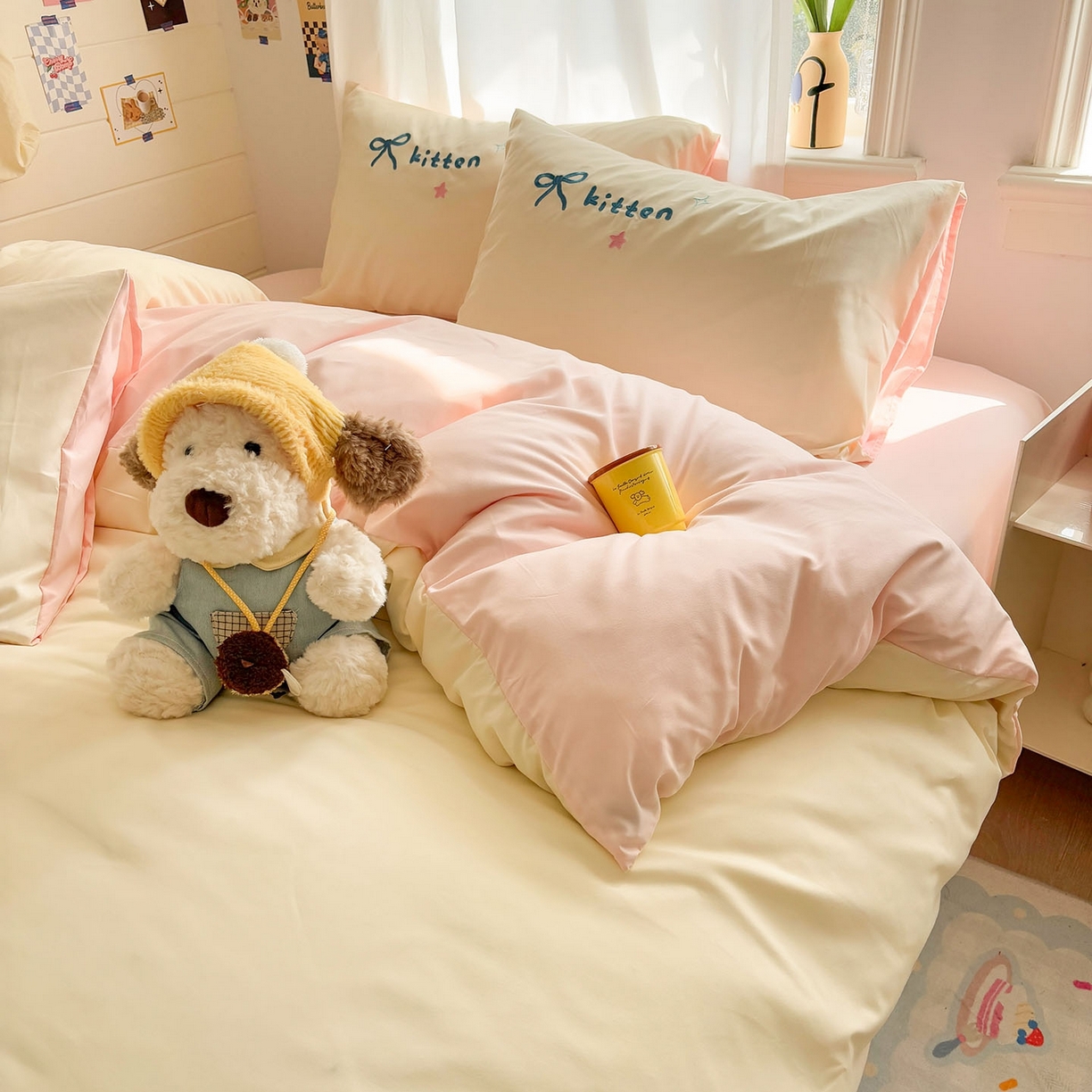 91家纺网 家纺一手货源 找家纺 我心家纺 2026新款卡通刺绣四件套 露营小猫-米黄