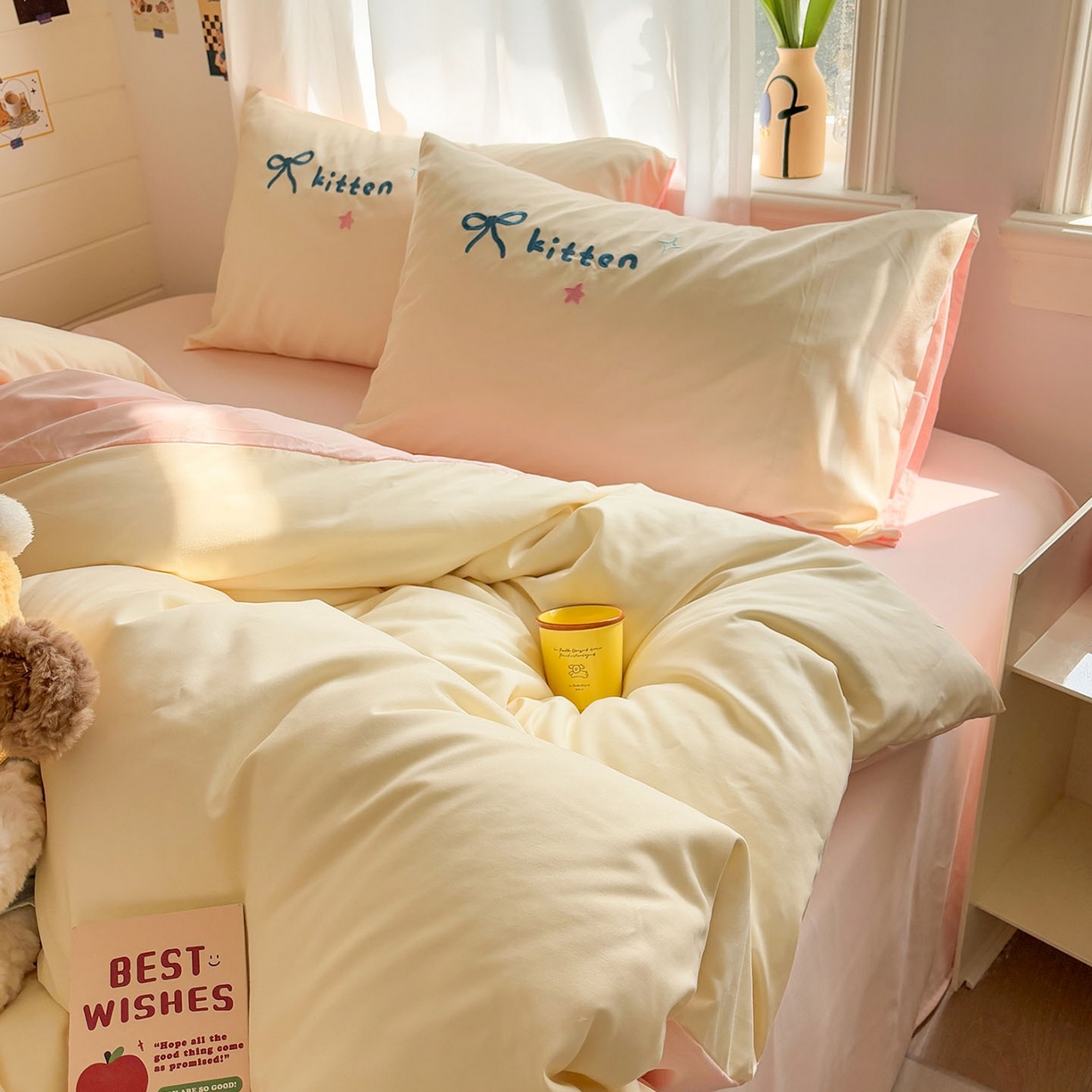 91家纺网 家纺一手货源 找家纺 我心家纺 2026新款卡通刺绣四件套 露营小猫-米黄