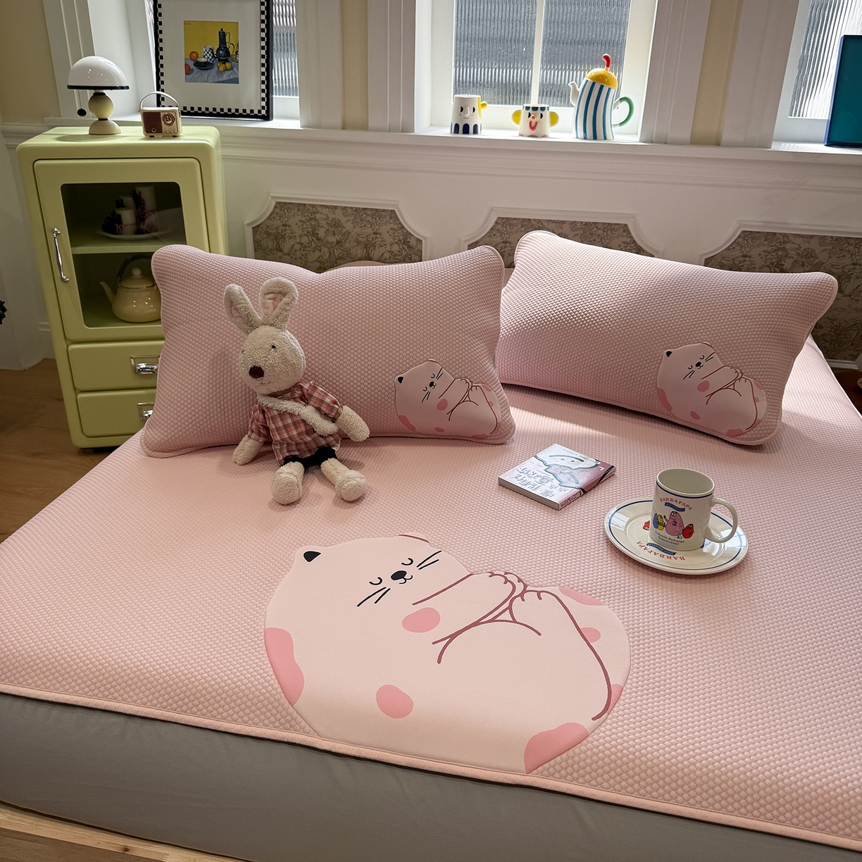 91家纺网 家纺一手货源 找家纺 GUJARY古家丽 2026新款即凉萌趣中分子床笠凉席三件套-风格一 软萌喵