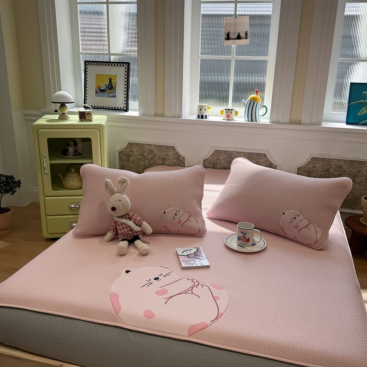 91家纺网 家纺一手货源 找家纺 GUJARY古家丽 2026新款即凉萌趣中分子床笠凉席三件套-风格一 软萌喵