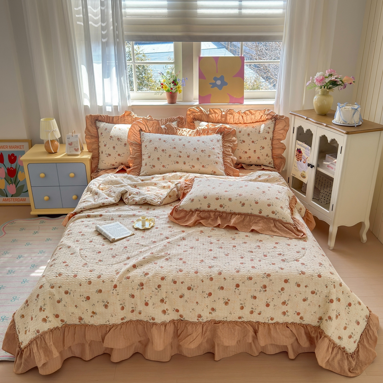 91家纺网 家纺一手货源 找家纺 禾沐 2026新款云感泡芙棉床盖夏被四件套AA款（夏被款） 柿柿如意