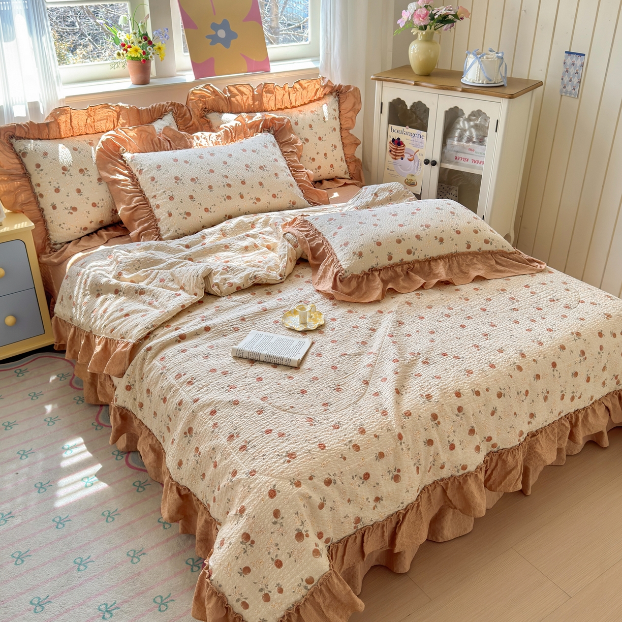 91家纺网 家纺一手货源 找家纺 禾沐 2026新款云感泡芙棉床盖夏被四件套AA款（夏被款） 柿柿如意