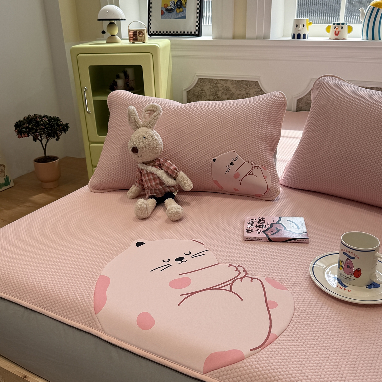 91家纺网 家纺一手货源 找家纺 GUJARY古家丽 2026新款即凉萌趣中分子床笠凉席三件套-风格一 软萌喵