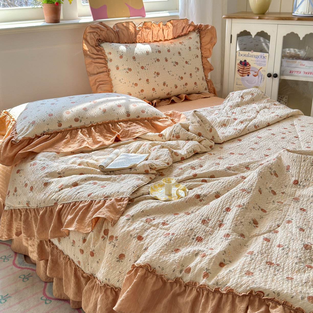 91家纺网 家纺一手货源 找家纺 禾沐 2026新款云感泡芙棉床盖夏被四件套AA款（夏被款） 柿柿如意