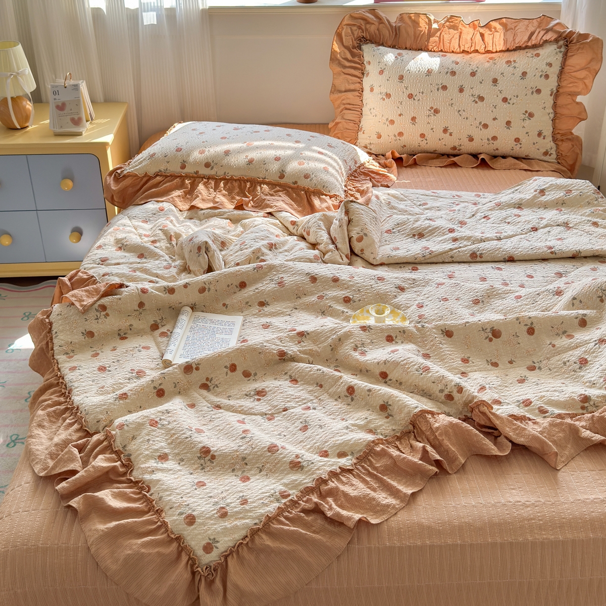 91家纺网 家纺一手货源 找家纺 禾沐 2026新款云感泡芙棉床盖夏被四件套AA款（夏被款） 柿柿如意