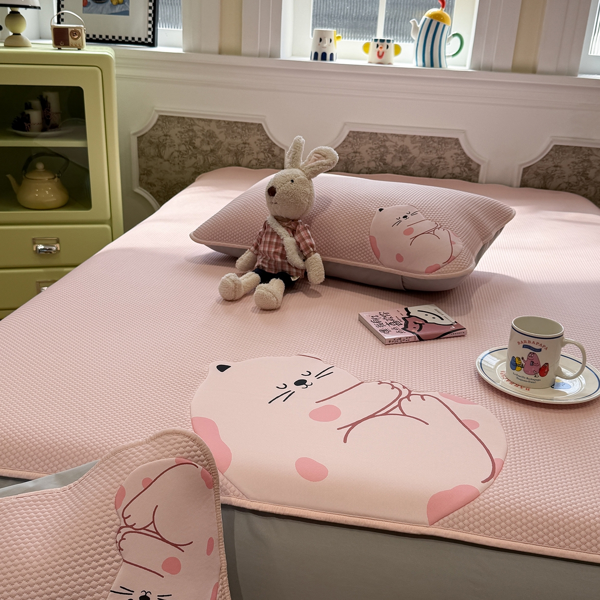 91家纺网 家纺一手货源 找家纺 GUJARY古家丽 2026新款即凉萌趣中分子床笠凉席三件套-风格一 软萌喵