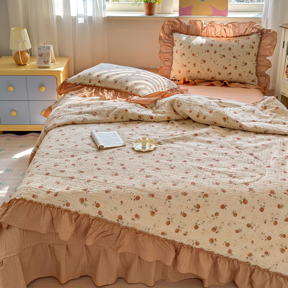 91家纺网 家纺一手货源 找家纺 禾沐 2026新款云感泡芙棉床盖夏被四件套AA款（夏被款） 柿柿如意