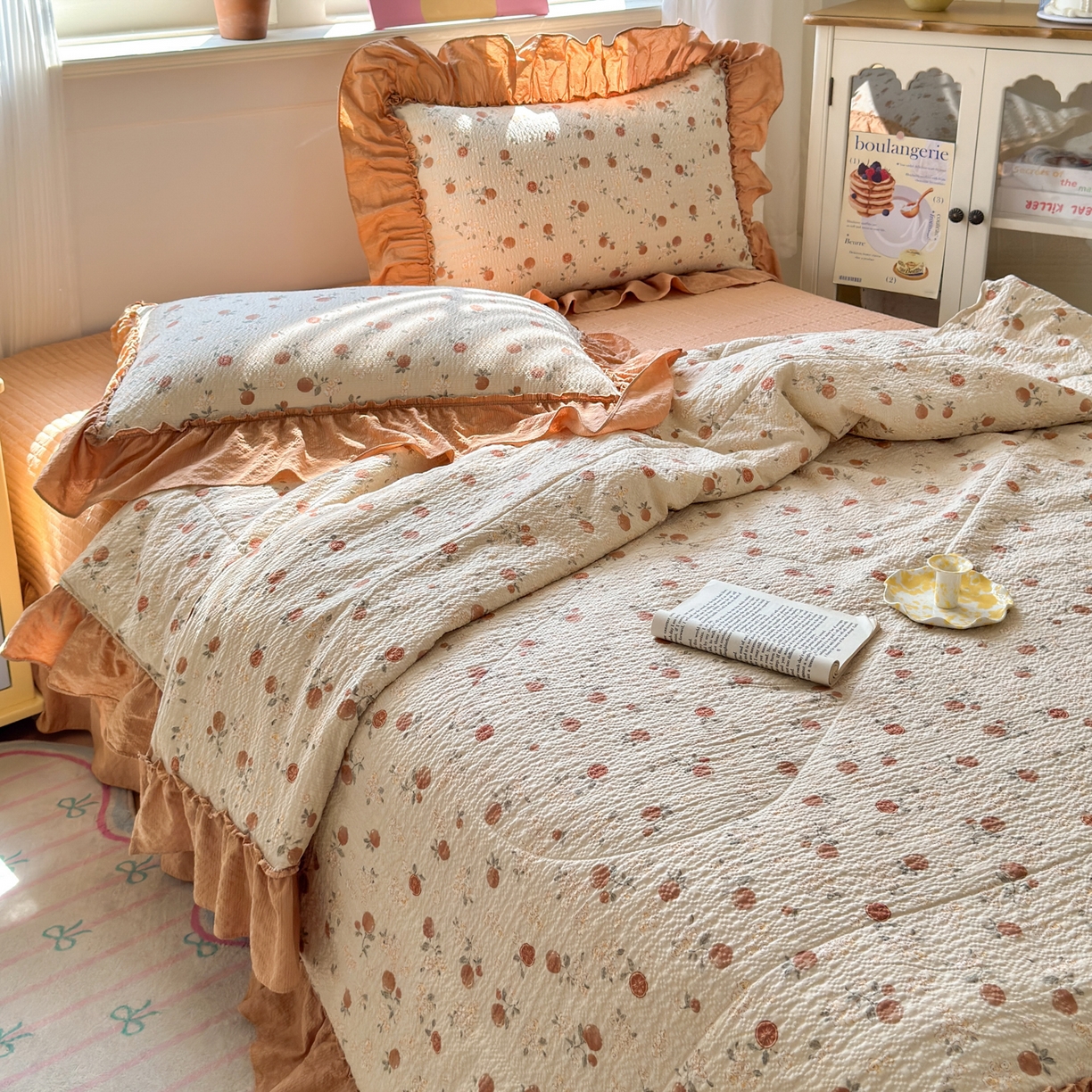 91家纺网 家纺一手货源 找家纺 禾沐 2026新款云感泡芙棉床盖夏被四件套AA款（夏被款） 柿柿如意